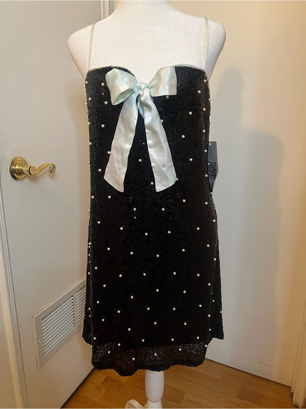 Emerald Sundae Black sequence faux Pearl-Studded Dress with Ivory Satin Bow
